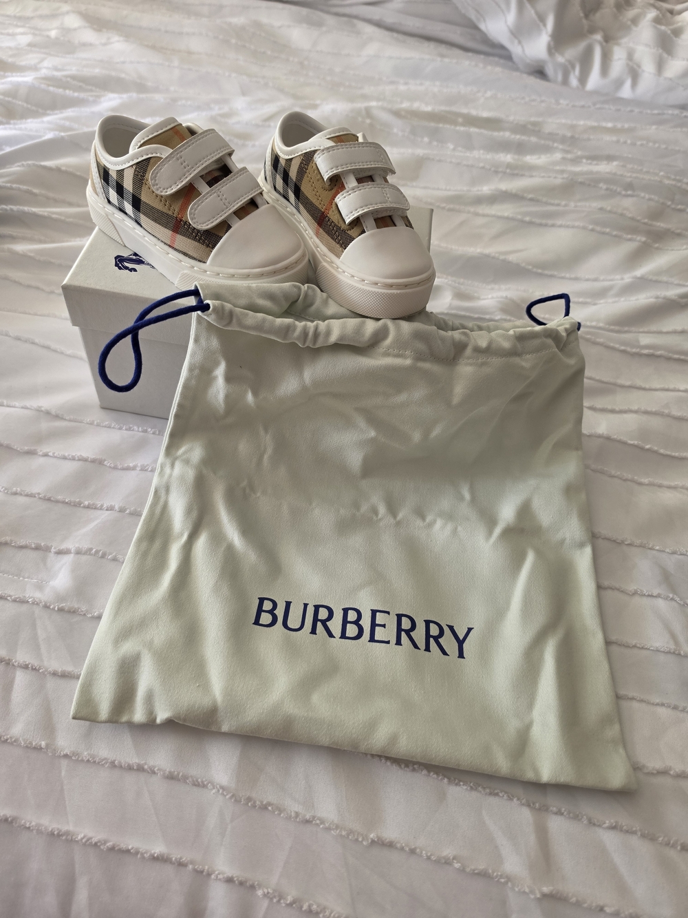 Burberry Kids Plaid Velcro Sneakers in Beige, White and Black
